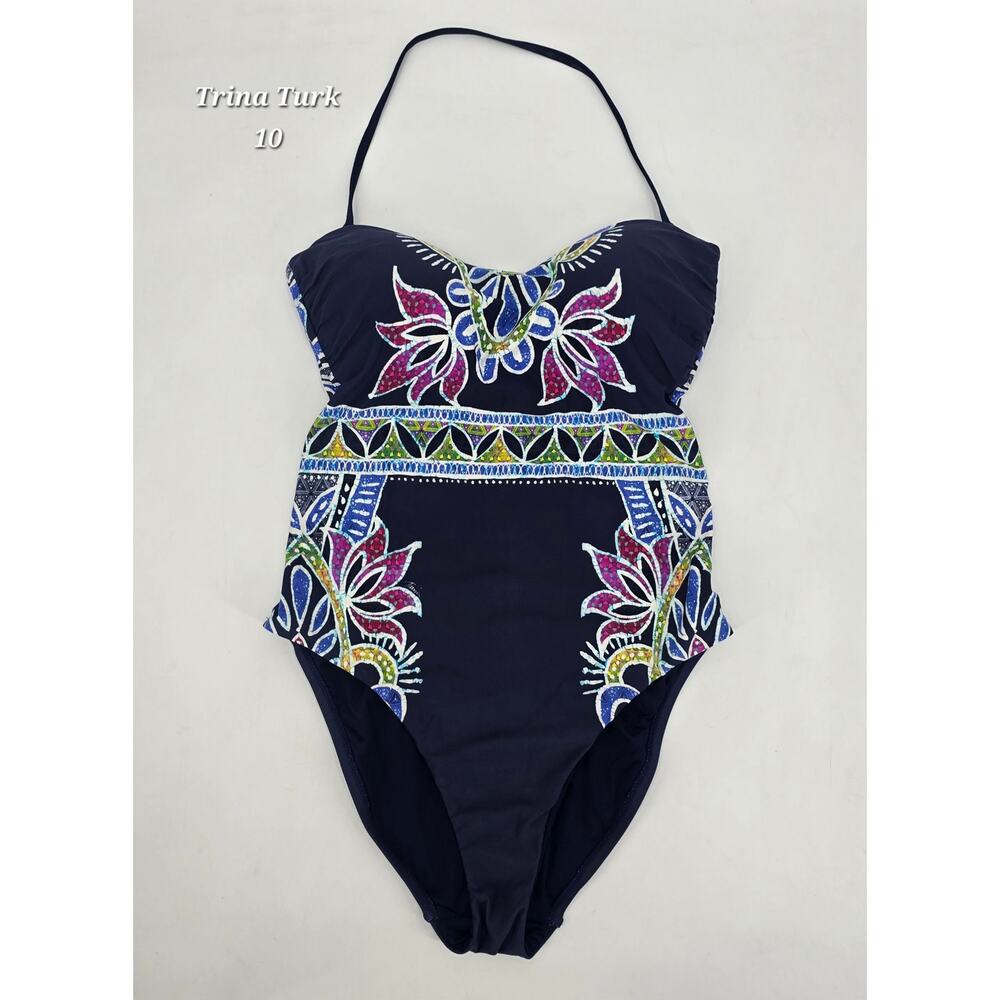 Trina Turk Blue Lotus Batik Bandeau One Piece Swimsuit Sz 10 Cutout Back‎ Resort